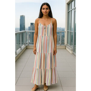 Old Navy Striped Tiered Maxi Dress Womens Size Large Pockets Vacation Casual